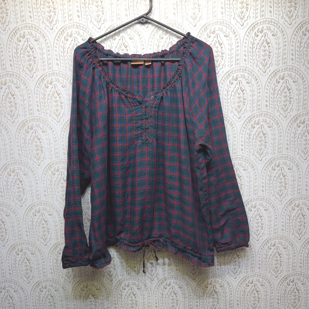 NorthCrest Womens Plus Plaid Henley Blouse Red Green Blue Drawstring Hem 20W 22W